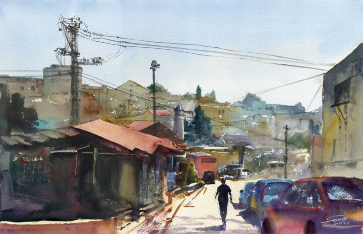 Painting titled "Coffee and Sandwich…" by Severn (Jie Cheng) Wang, Original Artwork, Watercolor