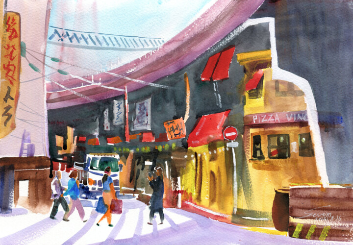 Malarstwo zatytułowany „Little Stores under…” autorstwa Severn (Jie Cheng) Wang, Oryginalna praca, Akwarela