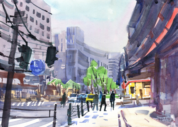 绘画 标题为“A city needs Life |…” 由Severn (Jie Cheng) Wang, 原创艺术品, 水彩
