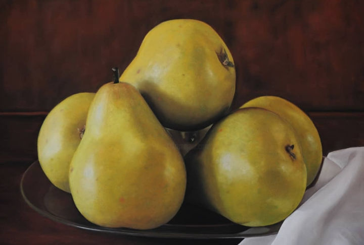 Painting titled "Pears" by Sevgi Celep, Original Artwork, Chalk Mounted on Wood Panel