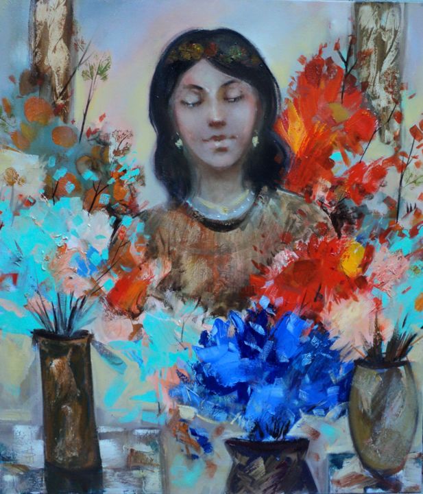 Painting titled "Spring (70x80cm, oi…" by Seyran Mejanyan, Original Artwork, Oil Mounted on Wood Stretcher frame