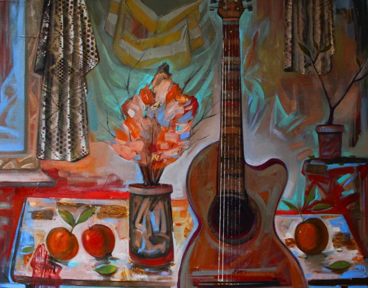 Painting titled "Still life with gui…" by Seyran Mejanyan, Original Artwork, Oil Mounted on Wood Stretcher frame