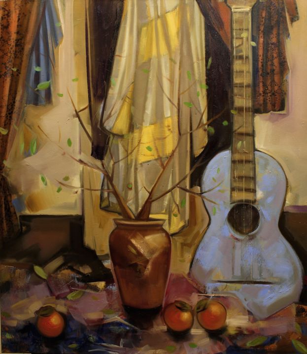 Картина под названием "Still life with gui…" - Seyran Mejanyan, Подлинное произведение искусства, Масло Установлен на Подрам…
