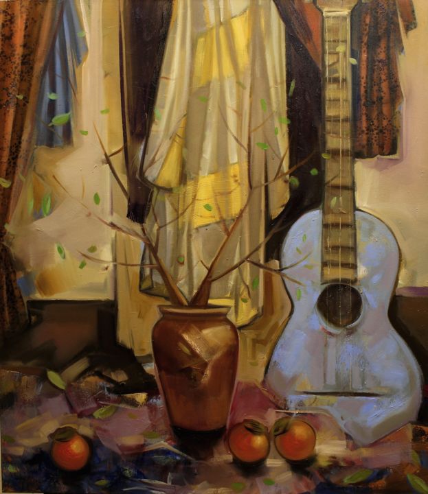 Painting titled "Still life with gui…" by Seyran Mejanyan, Original Artwork, Oil Mounted on Wood Stretcher frame