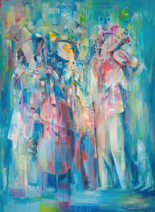 Painting titled "Street musicians" by Seyran, Original Artwork, Oil Mounted on Wood Stretcher frame