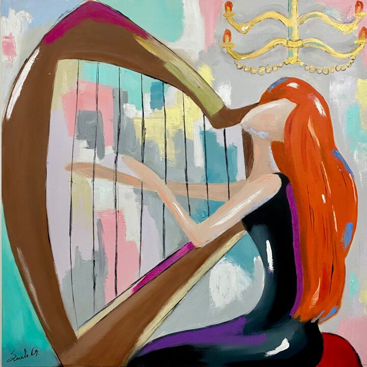 Painting titled "The harpist" by Sarah Ginidy, Original Artwork, Oil