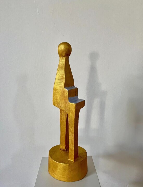 Sculpture titled "Little Golden Man w…" by Sha Kama, Original Artwork, Wood