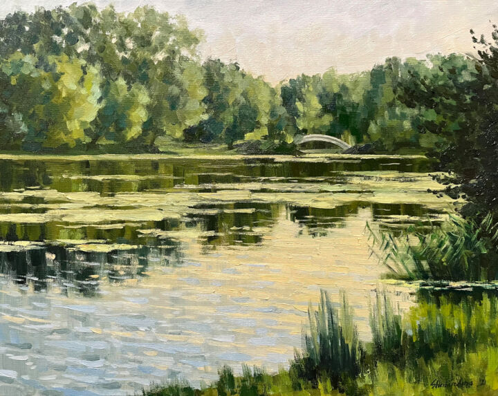 Картина под названием "Overgrown pond" - Alena Shaburdina, Подлинное произведение искусства, Масло Установлен на Деревянная…