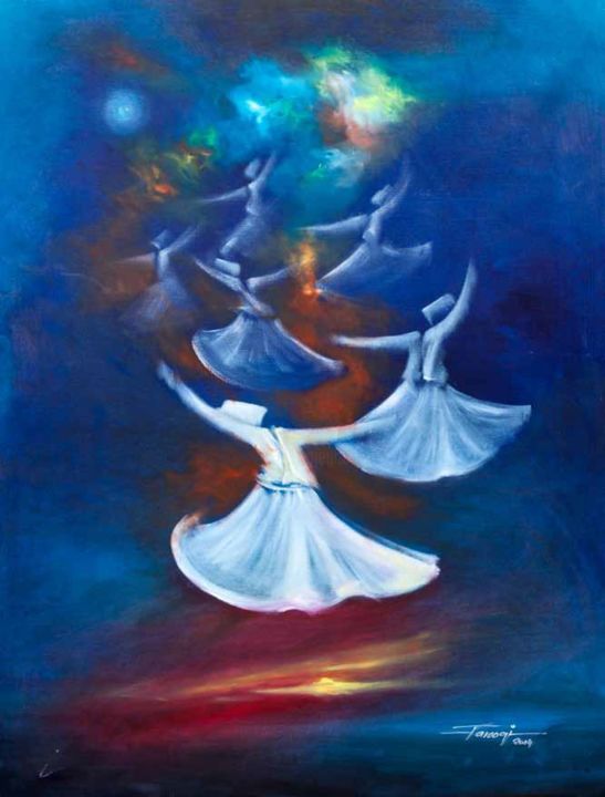 Painting titled "Whirling Dervishes23" by Shafique Farooqi, Original Artwork, Oil