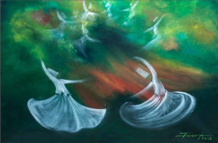 Malerei mit dem Titel "Whirling Dervishes…" von Shafique Farooqi, Original-Kunstwerk, Öl