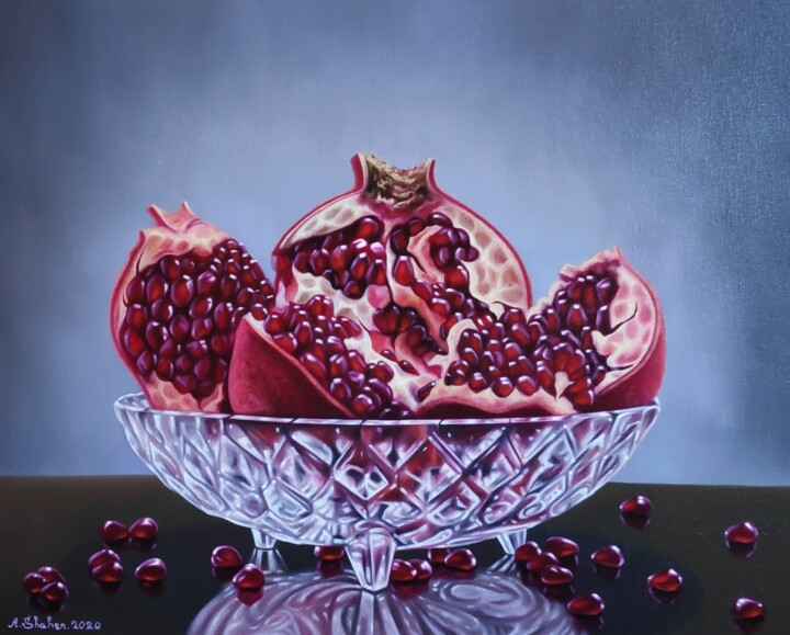 Painting titled "Pomegranates" by Shahen Aleksandryan, Original Artwork, Oil Mounted on Wood Stretcher frame