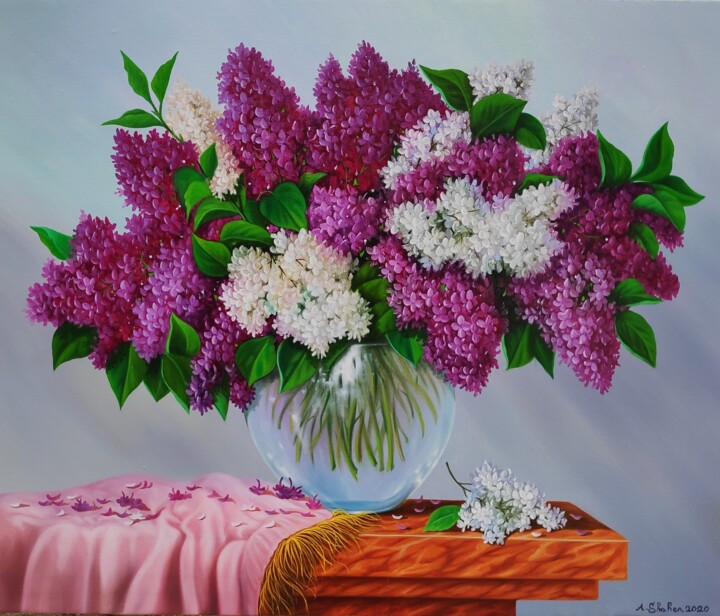 Painting titled "Lilac" by Shahen Aleksandryan, Original Artwork, Oil Mounted on Wood Stretcher frame