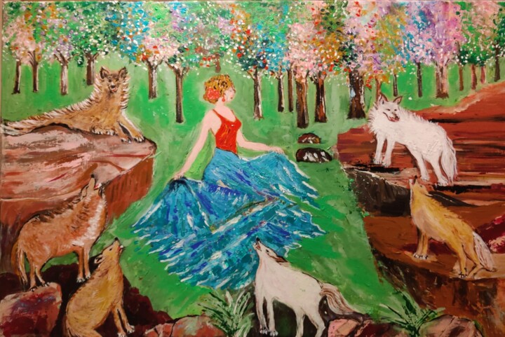 Картина под названием "Dances with the Wol…" - Shahid Zuberi, Подлинное произведение искусства, Акрил Установлен на Деревянн…