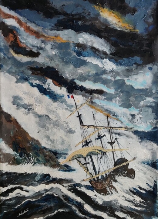 Schilderij getiteld "Old Sailship in Sto…" door Shahid Zuberi, Origineel Kunstwerk, Acryl