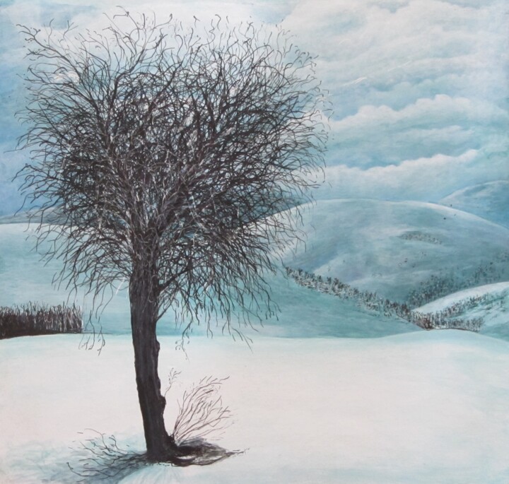Painting titled "Winter" by Shahriar Aghakhani, Original Artwork, Watercolor Mounted on Cardboard