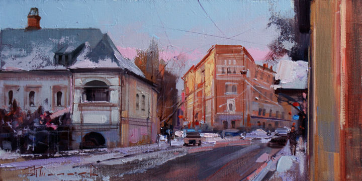 Peinture intitulée "Winter evening at S…" par Shalaev Alexey, Œuvre d'art originale, Huile