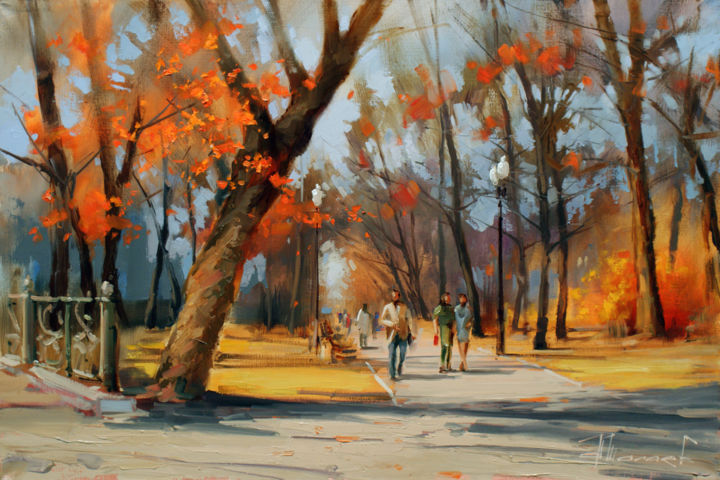 Painting titled "Сентябрь - художник…" by Shalaev Alexey, Original Artwork, Oil Mounted on Wood Stretcher frame