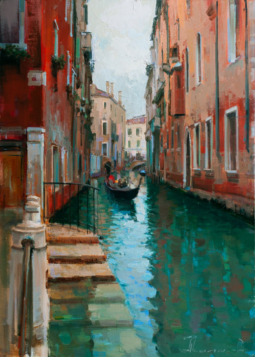 Painting titled "Venice in winter, n…" by Shalaev Alexey, Original Artwork, Oil Mounted on Wood Stretcher frame