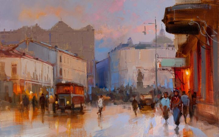 Painting titled ""In the evening at…" by Shalaev Alexey, Original Artwork, Oil
