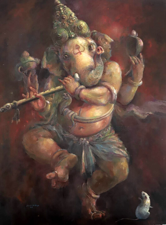 Painting titled "Lord Ganesh" by Shanaka Kulatunga, Original Artwork, Oil Mounted on Wood Stretcher frame