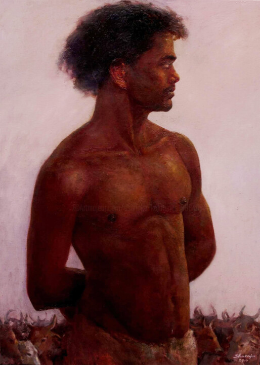 Painting titled "The Tribesman" by Shanaka Kulatunga, Original Artwork, Oil Mounted on Wood Stretcher frame