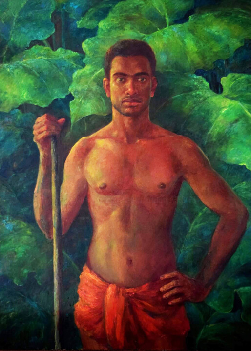 Painting titled "The Village Prince" by Shanaka Kulatunga, Original Artwork, Oil Mounted on Wood Stretcher frame
