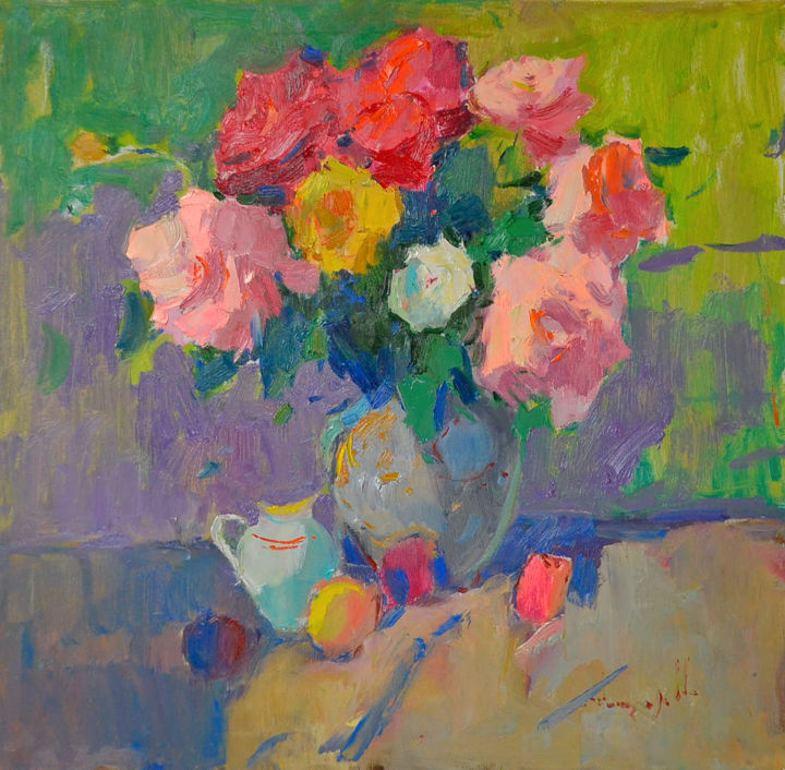 Painting titled "Bouquet with a yell…" by Alexander Shandor, Original Artwork, Oil Mounted on Wood Stretcher frame