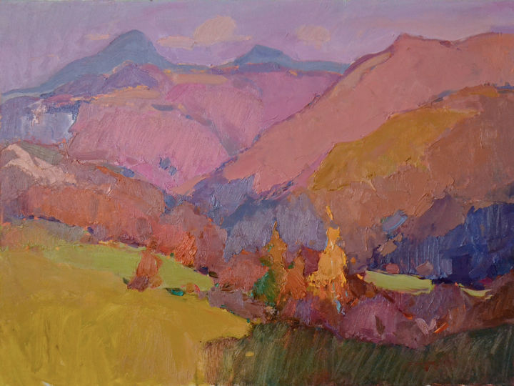 Painting titled "Pink Meadows" by Alexander Shandor, Original Artwork, Oil Mounted on Wood Stretcher frame