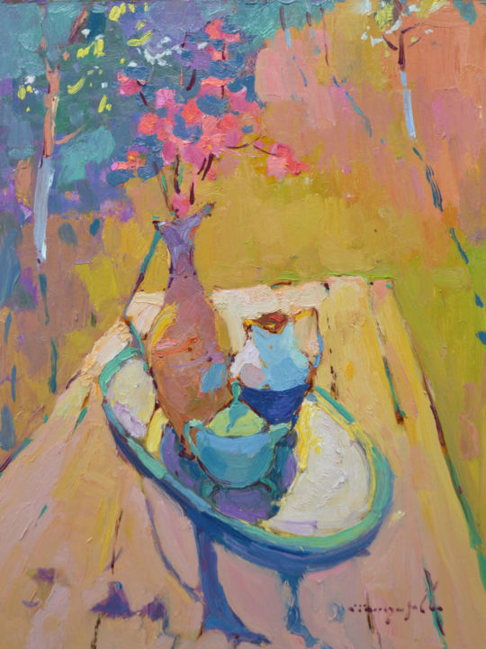Картина под названием "Japanese quince in…" - Alexander Shandor, Подлинное произведение искусства, Масло