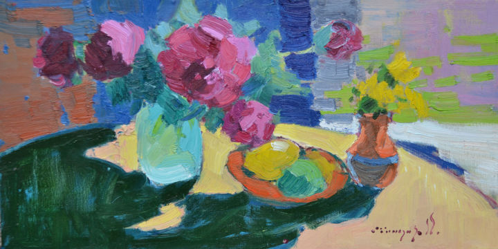 Painting titled "Burgundy peonies" by Alexander Shandor, Original Artwork, Oil