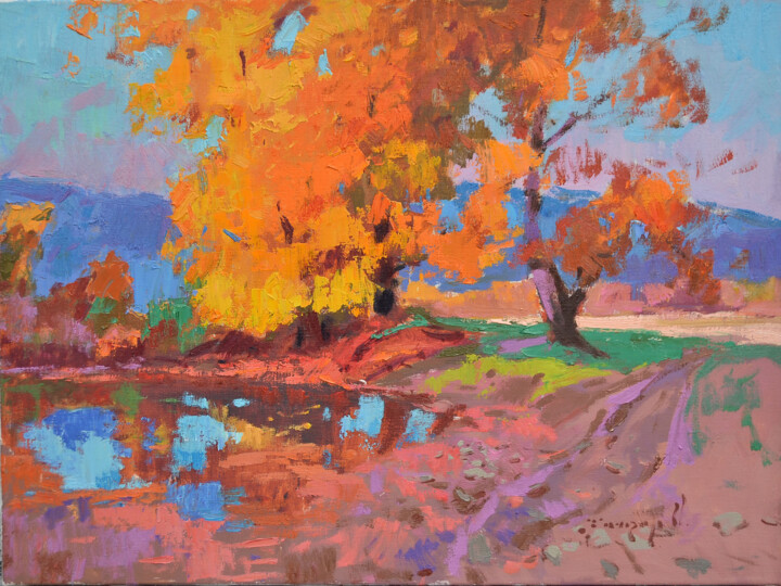 Painting titled "Lush autumn" by Alexander Shandor, Original Artwork, Oil Mounted on Wood Stretcher frame