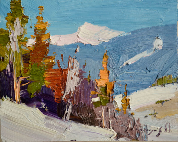 Картина под названием "Snowy Slope _ Oil o…" - Alexander Shandor, Подлинное произведение искусства, Масло Установлен на Дере…