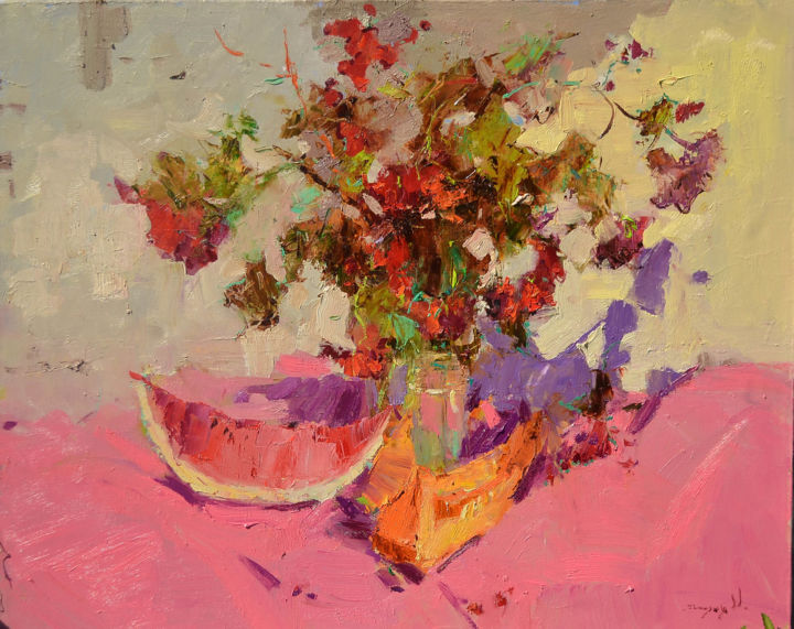 Картина под названием "bouquet viburnum" - Alexander Shandor, Подлинное произведение искусства, Масло Установлен на Деревянн…