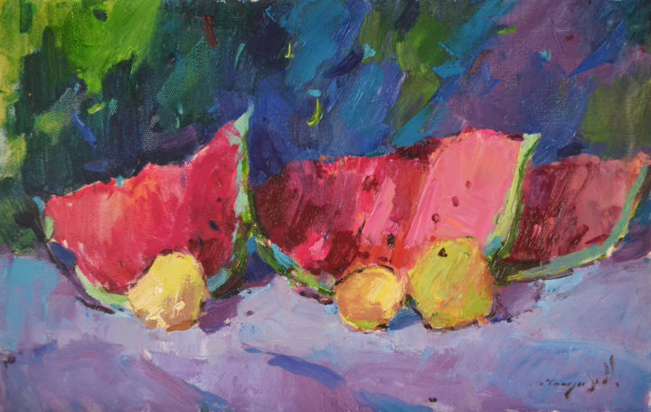 Painting titled "Pieces of watermelon" by Alexander Shandor, Original Artwork, Oil