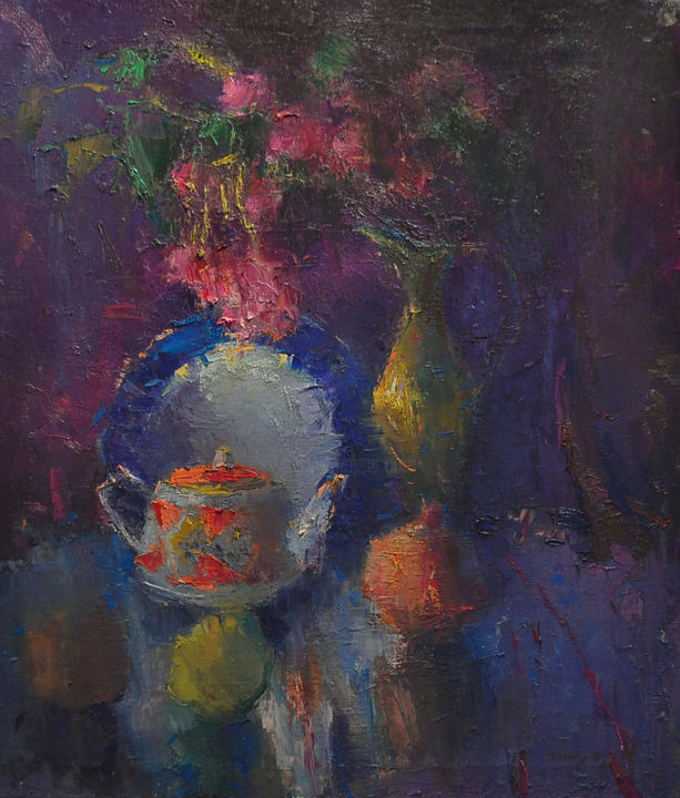 Painting titled "Still life with ket…" by Alexander Shandor, Original Artwork, Oil