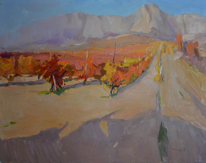 Schilderij getiteld "Crimean vineyards" door Alexander Shandor, Origineel Kunstwerk, Olie Gemonteerd op Frame voor houten br…