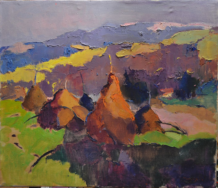 Malerei mit dem Titel "landscape with hays…" von Alexander Shandor, Original-Kunstwerk, Öl