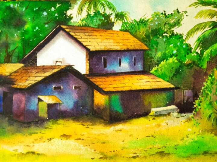 Painting titled "big-village-house.j…" by Shankar Rawool, Original Artwork, Ink