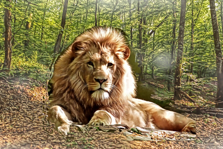 Digitale Kunst mit dem Titel "Lazy lion in the ju…" von Shanny Ask Lasasa, Original-Kunstwerk, Digitale Malerei