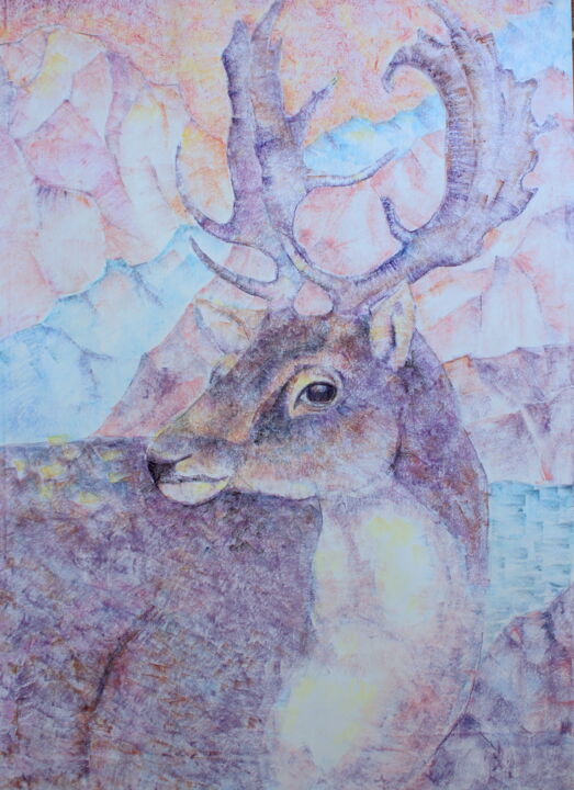 Рисунок под названием "Олень в горах" - Юлия Гордеева, Подлинное произведение искусства, Пастель