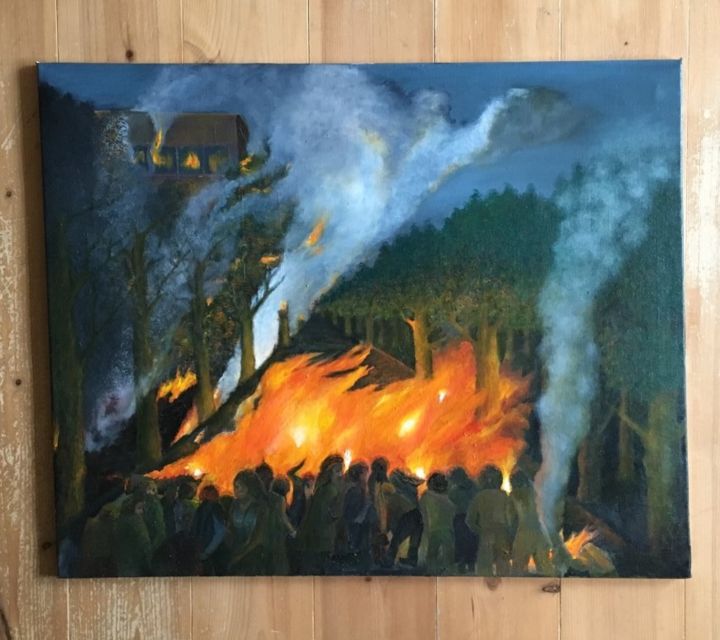 Painting titled "Fire" by Santhi Prasad, Original Artwork, Oil