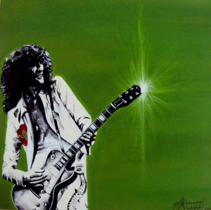 Картина под названием "Jimmy Page Green Ac…" - Shanzay Subzwari, Подлинное произведение искусства, Акрил