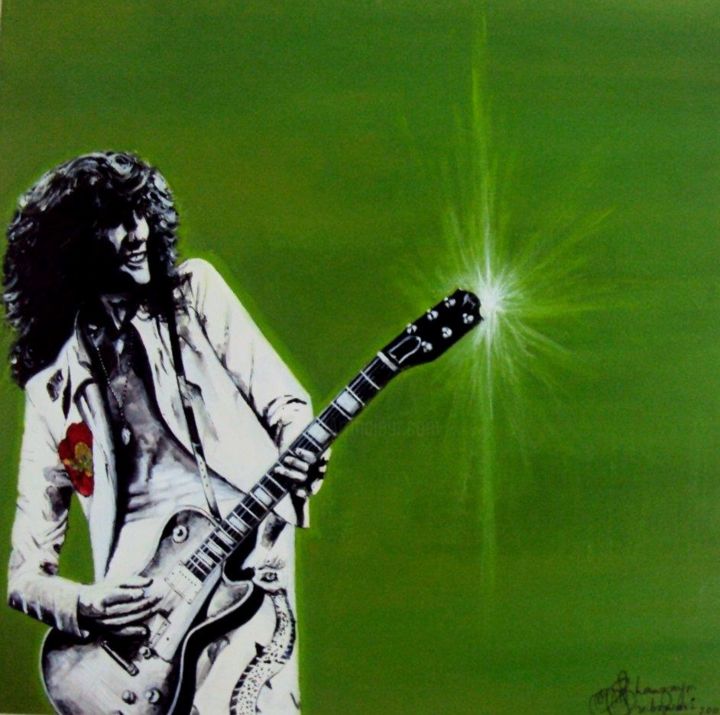 Pittura intitolato "Jimmy Page Green Ac…" da Shanzay Subzwari, Opera d'arte originale, Acrilico