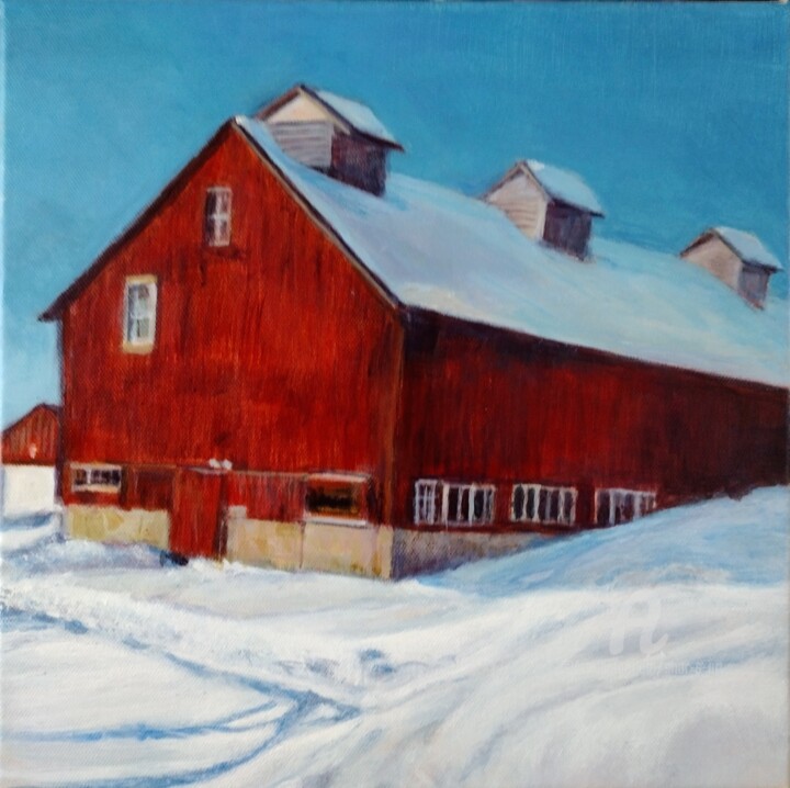 Painting titled "Red Barn in Winter" by Shar'S Art, Original Artwork, Acrylic Mounted on Wood Stretcher frame