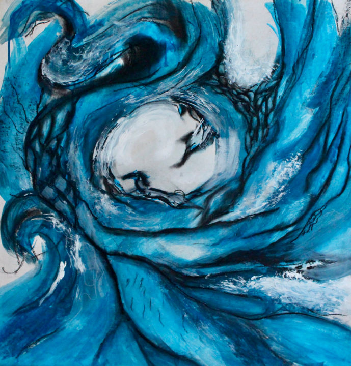 Disegno intitolato "Blue horse and ocean" da Elmira Sharipova, Opera d'arte originale, Acrilico