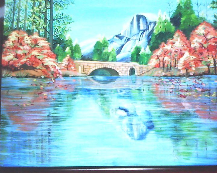 Schilderij getiteld "Lake scene painting…" door Sharmila Sharma, Origineel Kunstwerk, Olie