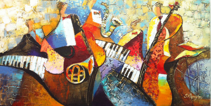 Картина под названием "jazz-band-" - Shaul Kosman, Подлинное произведение искусства, Масло