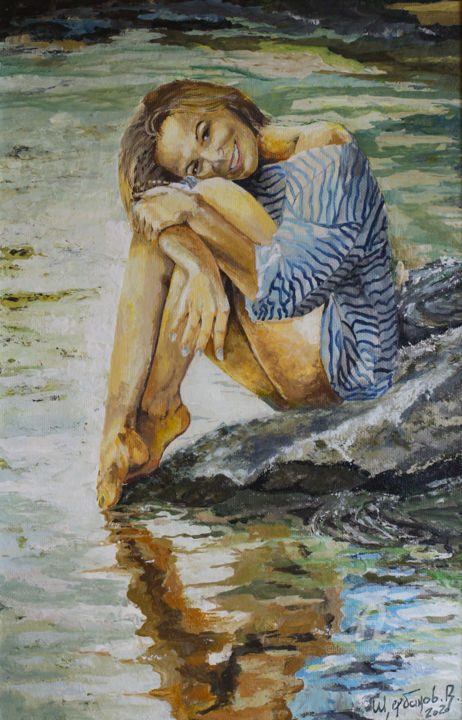 Schilderij getiteld "Woman by the water" door Vyacheslav Shcherbakov, Origineel Kunstwerk, Acryl