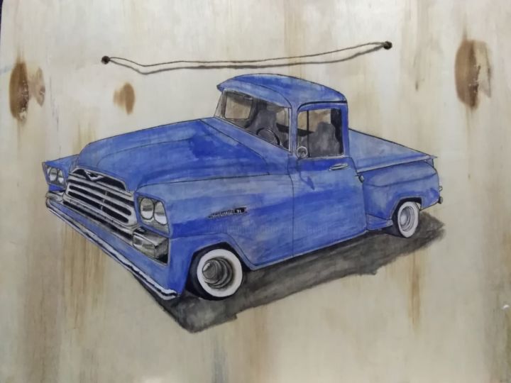 Malerei mit dem Titel "Blue car" von Shd Bees, Original-Kunstwerk, Aquarell