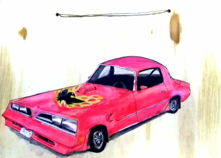 Malerei mit dem Titel "Old red sport car" von Shd Bees, Original-Kunstwerk, Aquarell